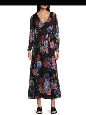 Evolutionary Floral Metallic Clip Dot Maxi Dress Black Multicolor Long Sleeve